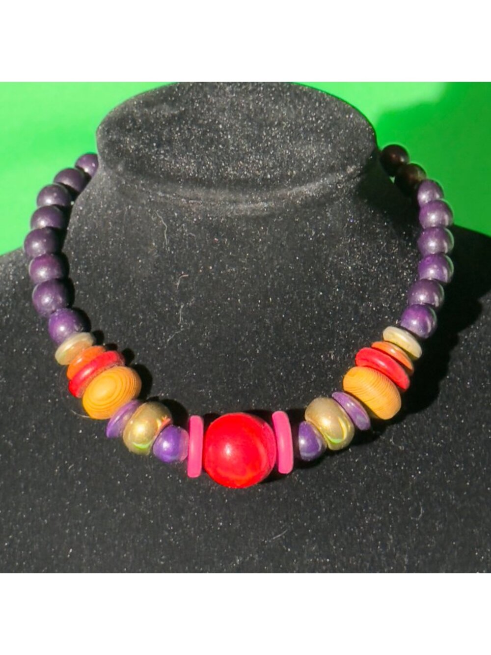 Colorful Beaded Statement Necklace With Purple Red & Wooden Accents